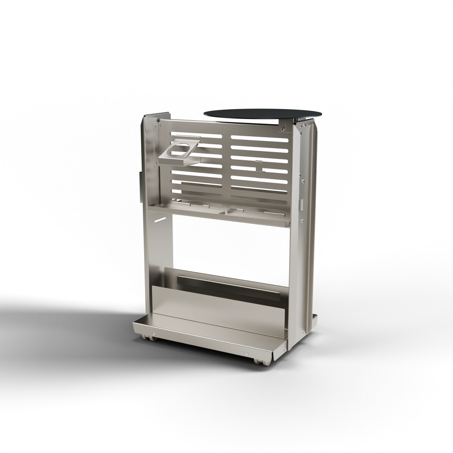 ANYCART in satin silver with its dark round tabletop, slotted panel and low wheeled base